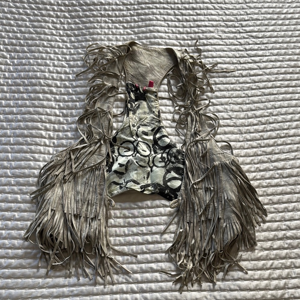 Fringed Leather Vest with Abstract Design